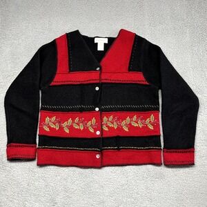 Susan Bristol Cardigan Sweater Women Medium 100% Wool Embroidered Red Black‎